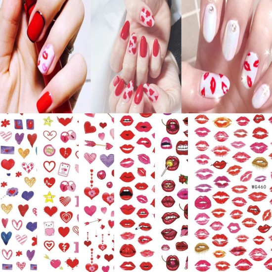 3D Nail Art Stickers Heart Colorful Red Lip Nail Transfer Decals Valentine's Day Tips