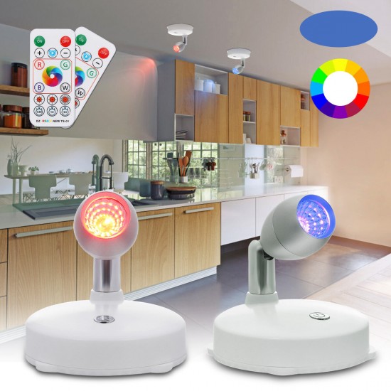 2PCS Battery Powered RGB LED Cabinet Light Spotlights with Two Remote Controls for Wardrobe Kitchen