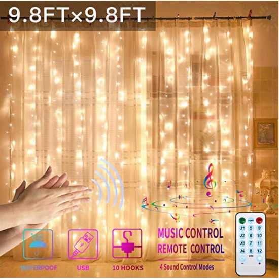 3X3M300 GYTF Curtain Lights with Sound Activated USB Powered LED Fairy Christmas Lights with Remote Sync-to-Music Setting 8 Mode Hanging Light for Bedroom Wedding Decorations