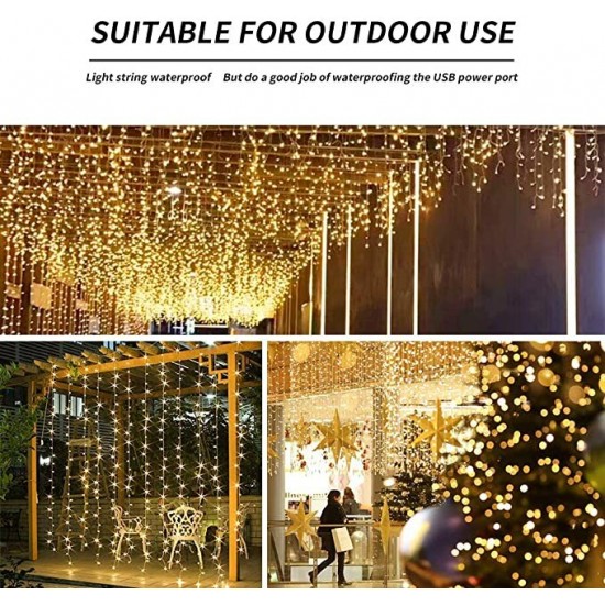 3X3M300 GYTF Curtain Lights with Sound Activated USB Powered LED Fairy Lights Remote Sync-to-Music Setting 8 Mode Hanging Light for Bedroom Wedding