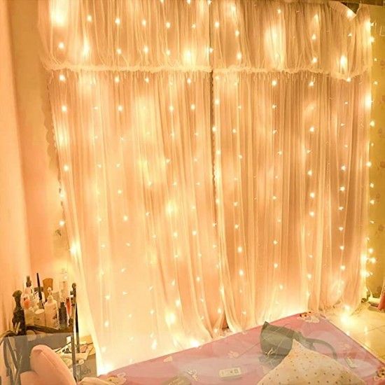 3X3M300 GYTF Curtain Lights with Sound Activated USB Powered LED Fairy Christmas Lights with Remote Sync-to-Music Setting 8 Mode Hanging Light for Bedroom Wedding Decorations