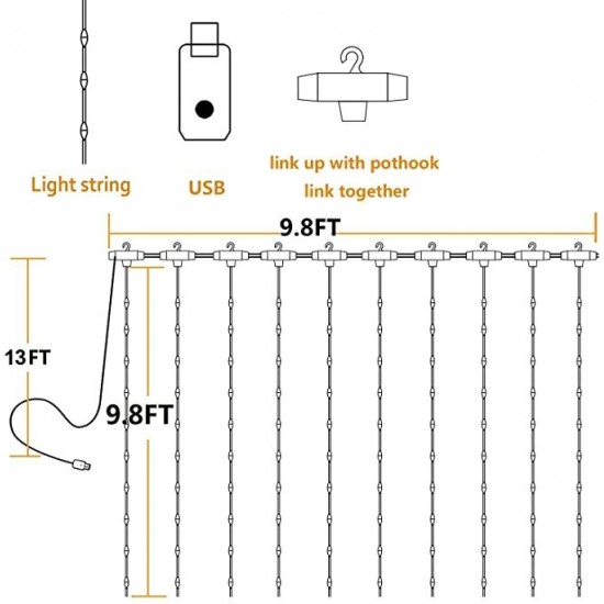 3X3M300 GYTF Curtain Lights with Sound Activated USB Powered LED Fairy Christmas Lights with Remote Sync-to-Music Setting 8 Mode Hanging Light for Bedroom Wedding Decorations