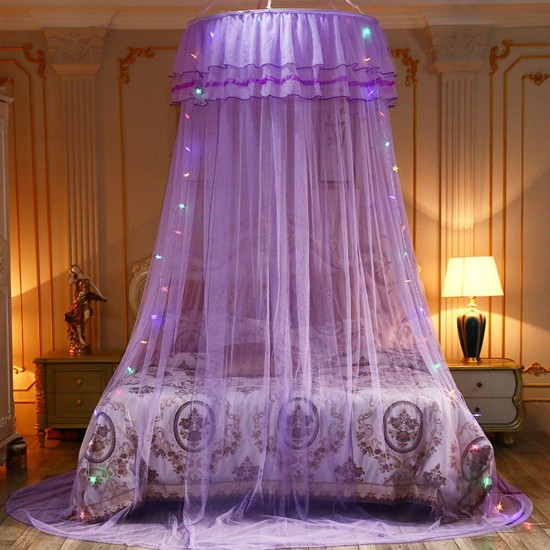 Mosquito Net Bedding Lace LED Light Princess Dome Mesh Bed Canopy Bedroom Decor