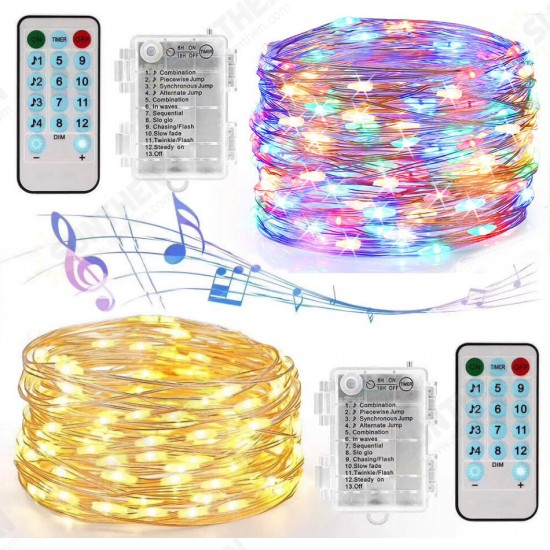 50/100LEDs 32.8ft Christmas Decorative LED String Lights Sound Activated Music 12 Modes Waterproof Silver Wire Multicolor USB Powered Fairy Lights with Remote Control