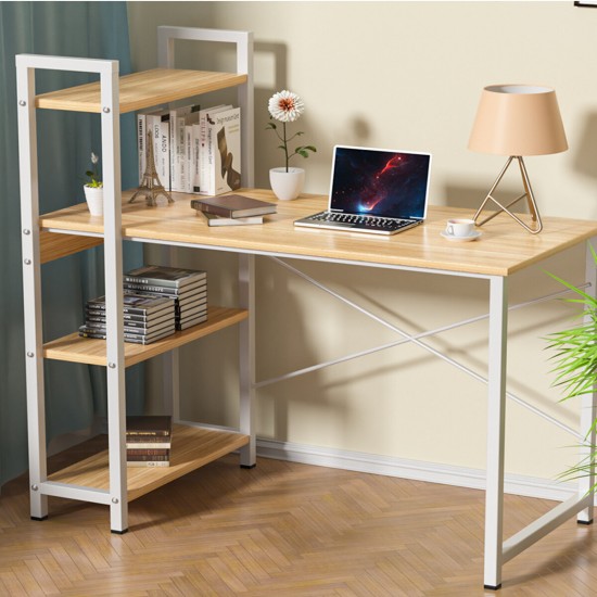 DL-OD05 47.3inch Large Desktop H-Shaped Computer Laptop Desk 15mm E1MDF X-Shaped Sturdy Steel Structure with 4 Tiers Bookshelf Perfect for Home Office