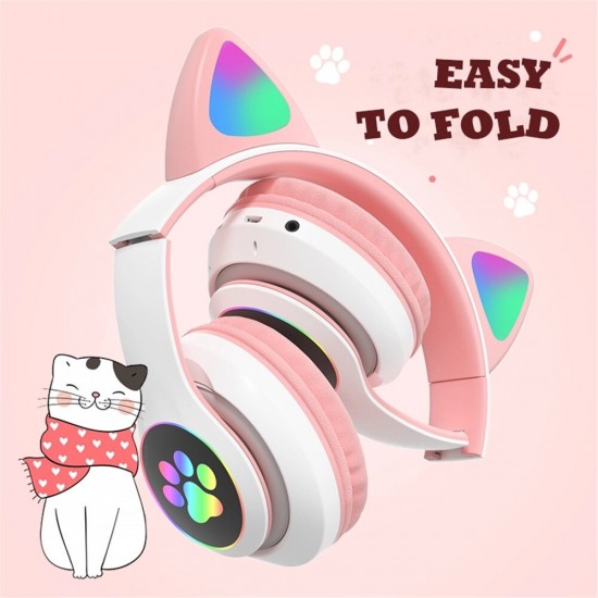 STN-28 Wireless bluetooth Headphones Cute Kids Headset HIFI Bass FM Radio TF Card AUX-In RGB Luminous Foldable Cute Cat Ear Headset with Mic