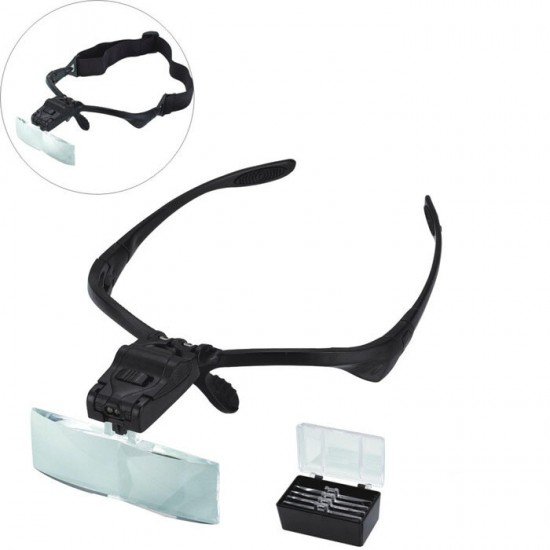 9892B 1.0/1.5/2.0/2.5/3.5X Headband Magnifier Magnifying Glass Eye Repair Loupe 2 LED Light with 5Pcs Glasses