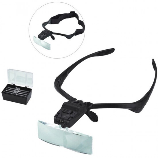 9892B 1.0/1.5/2.0/2.5/3.5X Headband Magnifier Magnifying Glass Eye Repair Loupe 2 LED Light with 5Pcs Glasses