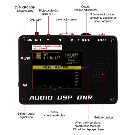 Audio DSP Noise Reducer DNR Digital Filter SSB CW Ham Radio ICO M FT-817 857 897 KX3 FT-818 + Speaker + LED Audio Spectrum