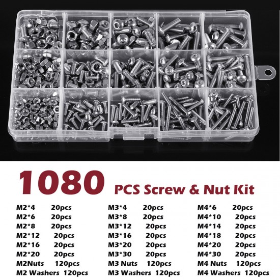 1080PCS/500PCS Stainless Steel Screw Socket Nut Round Head M2 M3 M4 M5 Kit Set