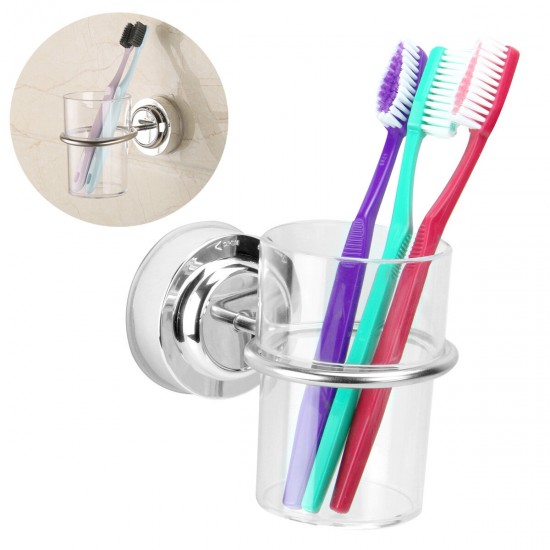 Bathroom Suction Wall Mounted Single Stainless Toothbrush Tumbler Holder with Cup