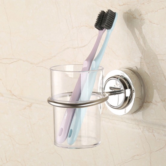 Bathroom Suction Wall Mounted Single Stainless Toothbrush Tumbler Holder with Cup