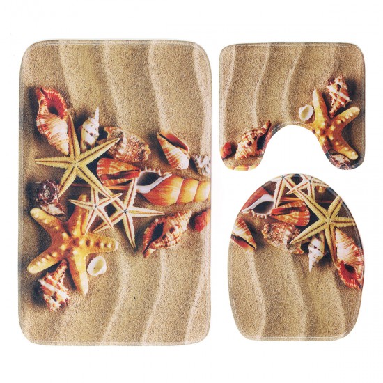 3Pcs Beach Starfish Shell Bathroom Pedestal Rug+Lid Toilet Cover+Bath Mat 45*75cm