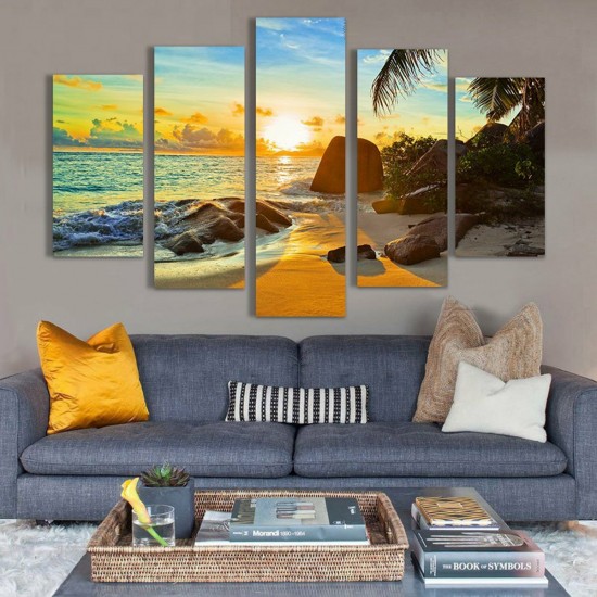 5Pcs Sea Coastal Canvas Print Paintings Wall Decorative Print Art Pictures Frameless Wall Hanging Decorations for Home Office Restaurant