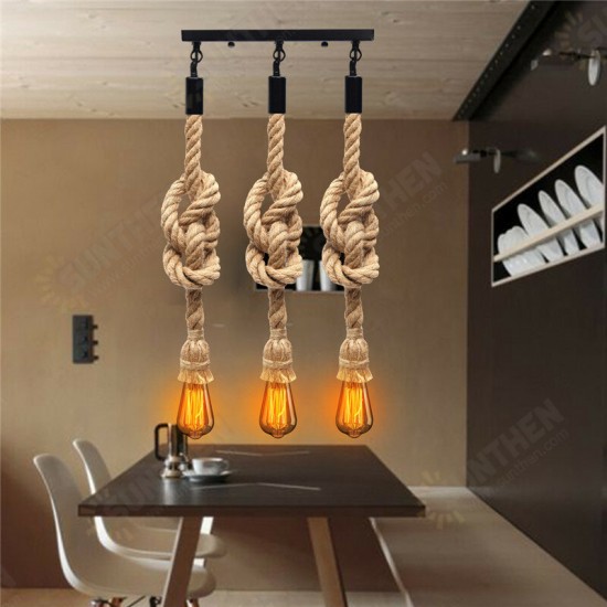 E27 Three Heads Industrial Pendant Lamp Holder Retro Vintage Edison Hemp Rope Ceiling Light AC110-220V