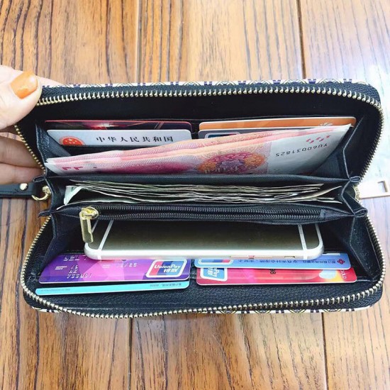 Ethnic Print Zipper Large Capacity Mobile Phone Coins Money Storage Wallet Purse