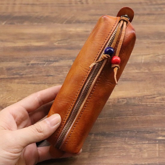 Handmade Large Capacity First-Layer Genuine Leather Pen Glasses Card Storage Bag Organizer