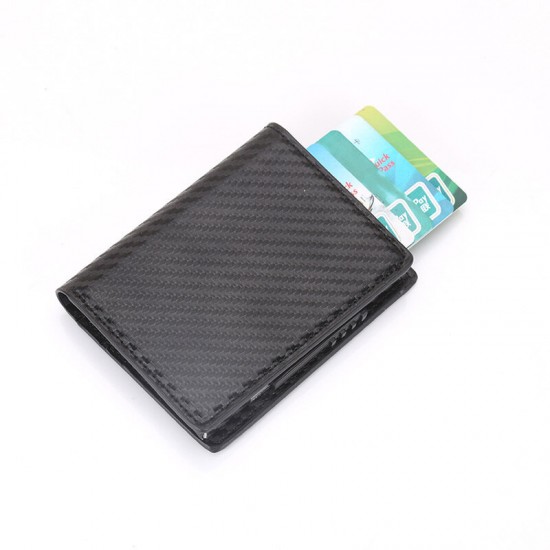 Men Business RFID Anti-scan Mini Carbon Fiber Pattern Automatic Credit Card Aluminum Coins Bag Wallet ID Card Holder