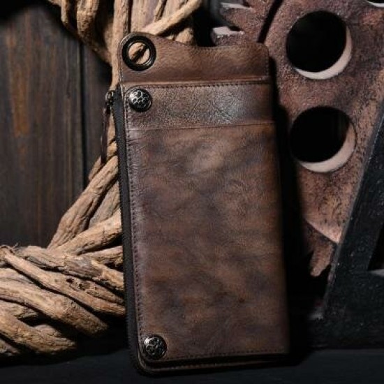 Retro Genuine Leather Multi-Card Slots Mobile Phone Bag Men Long Wallet for Phones below 6.5 inch