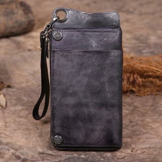 Retro Genuine Leather Multi-Card Slots Mobile Phone Bag Men Long Wallet for Phones below 6.5 inch