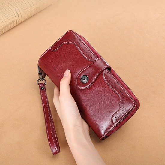 Vintage Large Capacity 10 Card Slot Genuine Leather Mobile Phone Storage Bag Long Wallet Purse