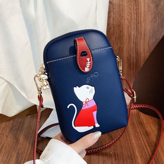 Women Casual Cute Cat Pattern 6.5 inch Mobile Phone Storage PU Leather Shoulder Crossbody Bag