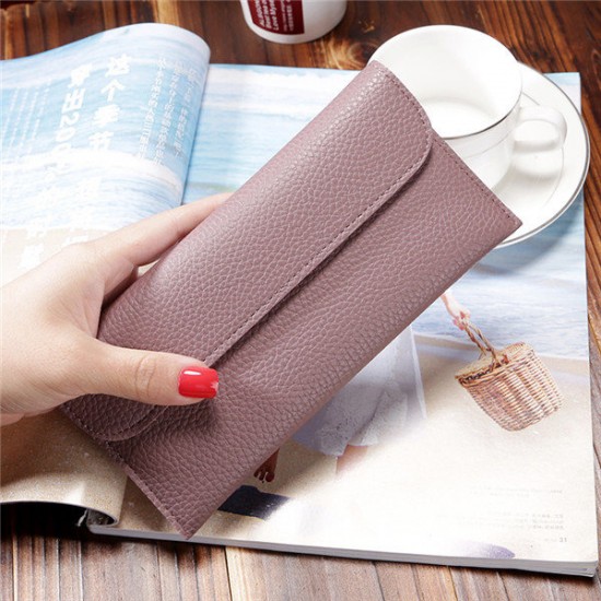 Women Litchi Pattern Solid Color Card Slot Wallet Bag Purse Handbag For Smartphone iPhone Samsung