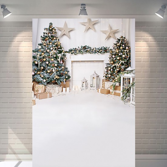 Christmas Photography Backdrops White Fireplace Wood Floor Background Cloth Photo Studio Background Christmas Tree