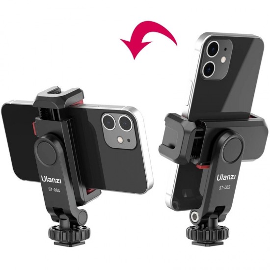 ST-06S Phone Clip with Two Cold Shoe Vertical Shooting Smartphone Clamp Mount Holder Tripod Mount DSLR Camera Mount for Vlog Live Broadcast Photography