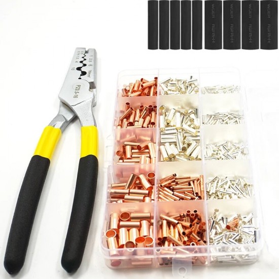 970PCS Boxed Tube Type Bare Terminal Plus Small Copper Tube Heat Shrink Tube Combination + Tube Type Pliers Pz0.5-16