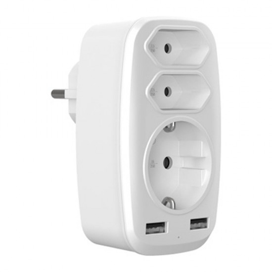 4000W 250V USB Socket Adapter 5in1 Multiple Plug 3 Way Double Euro 1 Schuko Multi with 2 USB Adapters 2.4A for iPhone Mobile with Child Safety Lock