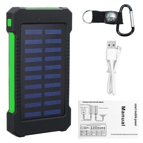 5000Mah Portable Solar Power Bank Dual USB Efficient Charger with LED Lamp Compass Climbing Hook