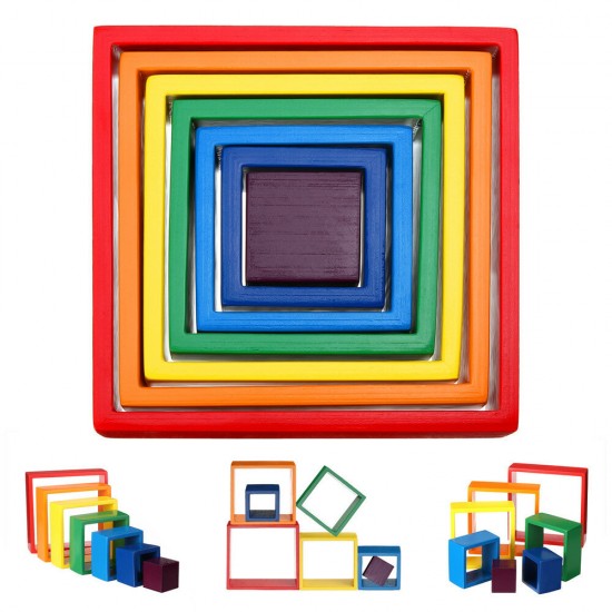 Square 7-piece 6.1 x 6.1 x 1.73inch Wooden Rainbow Stacking Toy nested stack games Building blocks