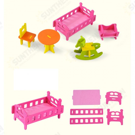 Wooden Colorful DIY Assembly Doll House Furniture Kit Early Educational Learning Toys for Kids Gift