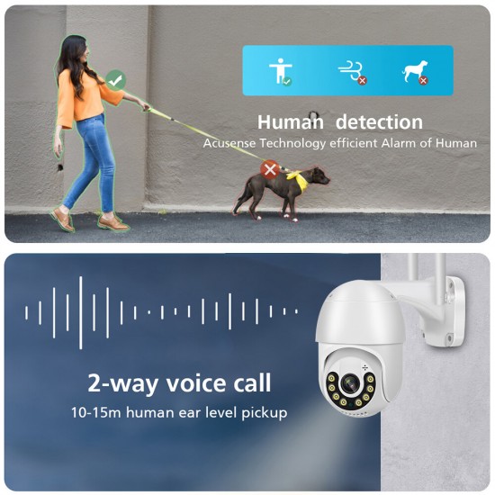 2MP WiFi PTZ IP Camera Outdoor Wireless Surveillance Cam Night Vision Remote Phone APP Control Motion Detection Alarm Two-way Intercom IP66 Waterproof