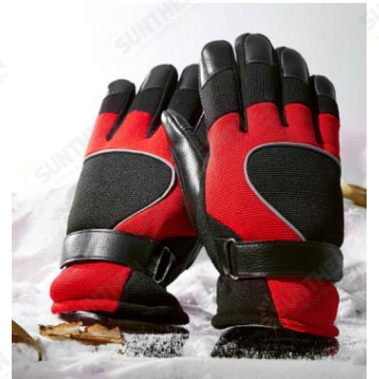 PJ02 Men Winter Windproof Anti-Slip Mittens Gloves Reflective Strip Leather Patchwork Fleece Warm