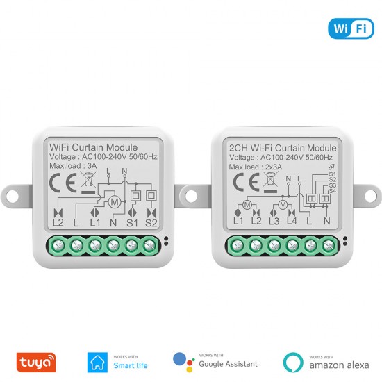 Tuya Smart Wifi Curtain Switch Module 3A Support 1/2 Gang Electric Motor for Roller Blinds Shutters APP Remote Control Compatible with Amazon Alexa & Google Home