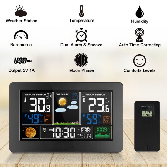 Wireless Weather Station Clock Digital Indoor Temperature Humidity Meter Moon Phase Radio Signal Dispaly Barometer Weather Forecast Multifunctional Alarm Wall Clock