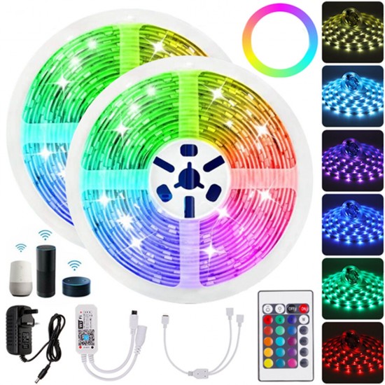 10M RGB LED Light Strip Non-waterproof 5050SMD 24Key Remote Control Tape Lamp for Alexa Google Home DC12V Christmas Decorations Clearance Lights