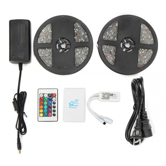 2PCS 5M 5050 SMD RGB Waterproof LED Strip Lights + Wifi Alexa Amazon Controller + DC12V Power Supply