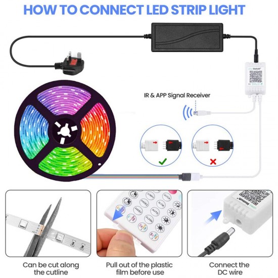 5M/10M LED Strip Lights 5050 RGB Changing Under Cabinet Kitchen TV Bluetooth Remote Control UK Plug