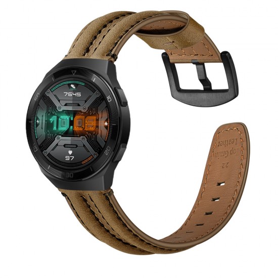 22mm Double Keel First Layer Genuine Leather Strap Smart Watch Band For HuWatch GT 2e 46MM