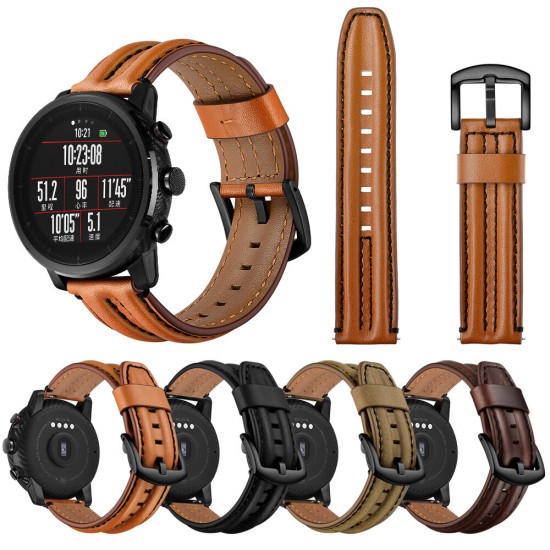 22mm First Layer Double Keel Genuine Leather Replacement Strap Smart Watch Band for Amazfit Smart Sport Watch 1/2S