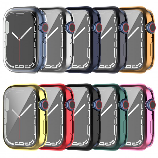 Plating Shockproof Anti-Scratch Soft TPU + HD Clear Tempered Glass Full Cover Watch Case Cover for Apple Watch S7 41mm/ 45mm