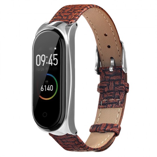 Metal Case Weave Texture Leather Watch Band Watch Strap Replacement for Xiaomi Miband 4 Non-original