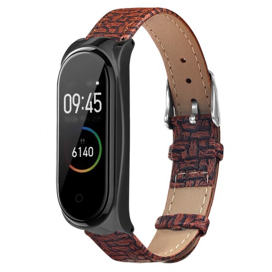 Metal Case Weave Texture Leather Watch Band Watch Strap Replacement for Xiaomi Miband 4 Non-original