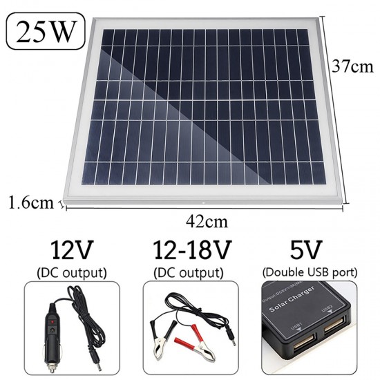 25W Portable Solar Panel Kit DC USB Charging Double USB Port Suction Cups Camping Traveling