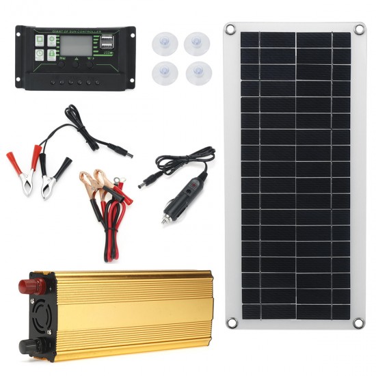 4In1 Waterproof Solar Panel Solar Power Kit W/ 2000W Power Inverter 30W Solar Panel With Soar Charge Controller