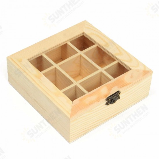 9 Compartments Wooden Tea Bag Jewelry Organizer Chest Storage Box Glass Top Log