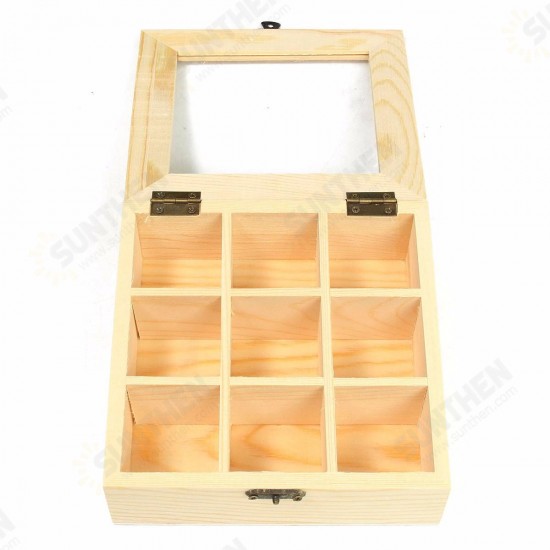 9 Compartments Wooden Tea Bag Jewelry Organizer Chest Storage Box Glass Top Log